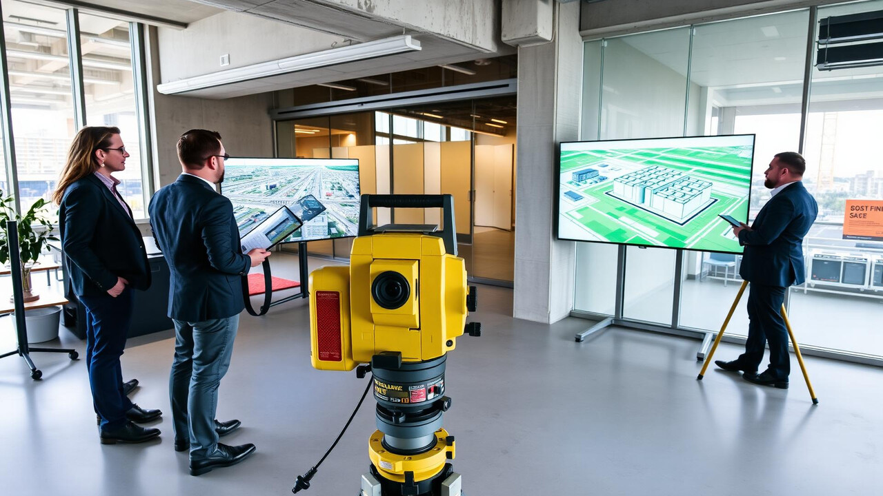 Equipo de ingeniería civil y topografía revisando modelos digitales con estación total