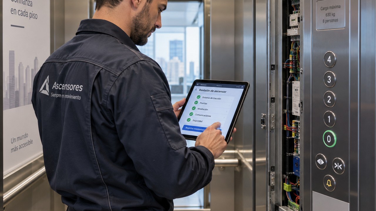 Técnico de MP Ascensores revisando la instalación de un ascensor con una tablet