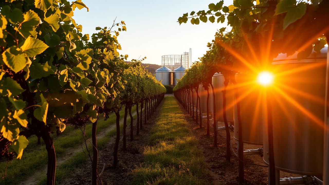 Viñedo al atardecer junto a depósitos de acero inoxidable de bodega