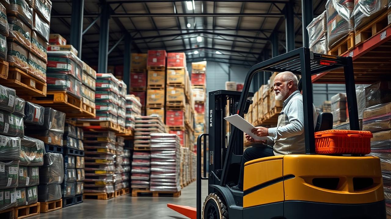 Almacén de distribución alimentaria con palés y preparación de pedidos