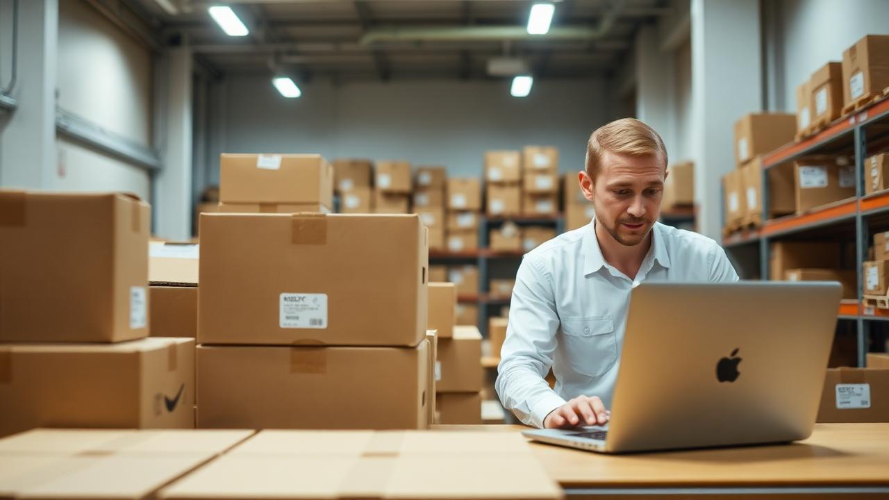 Puesto de preparación de pedidos de comercio electrónico con cajas y portátil