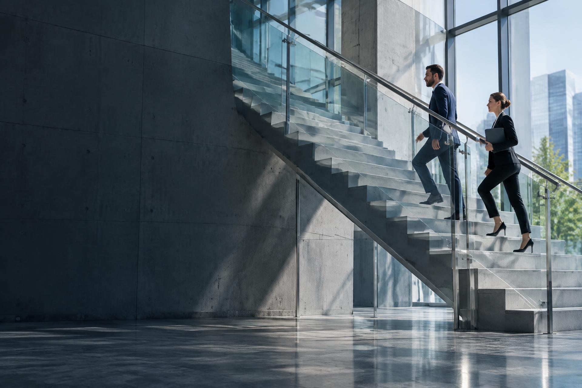 Dos directivos subiendo una escalera de hormigón y vidrio en un edificio corporativo