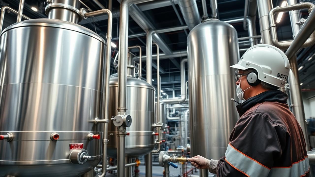 Planta química industrial con reactores y tuberías de acero